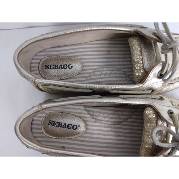 SEBAGO Gold METALLIC Leather Deck Boat Shoes Loafers Flat Womens Size 7.5 - Picture 8 of 11